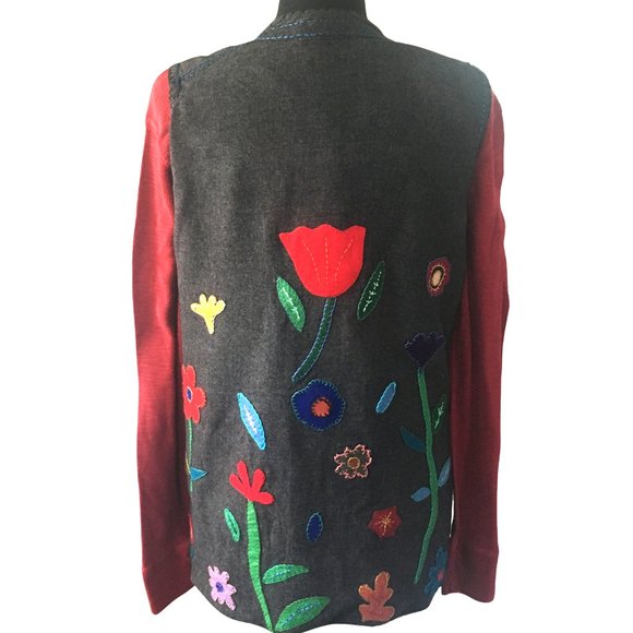 Handmade Gray Wool Multicolored Felt Flower Applique Lined Tasseled Vest
